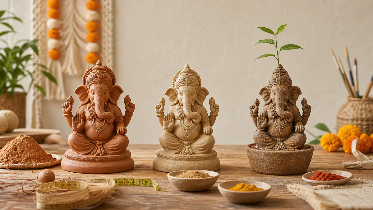 Three eco-friendly Ganpati murti materials arranged for a buyer guide
