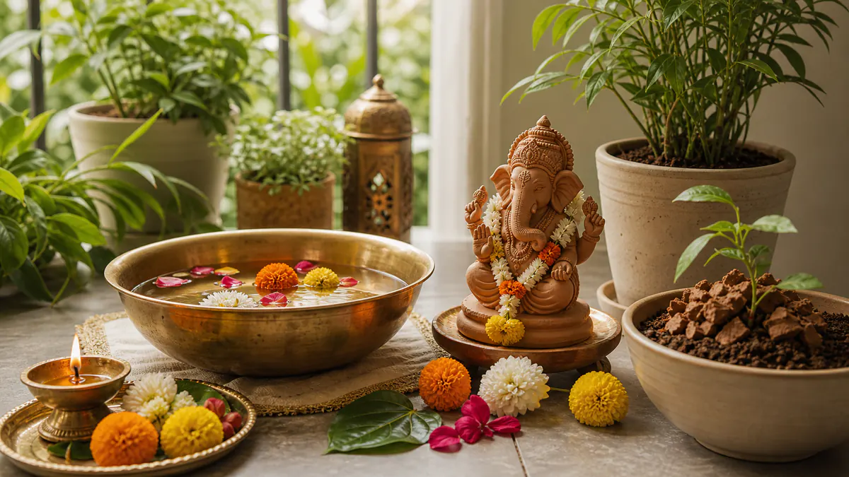 Eco-friendly Ganpati home visarjan setup with brass water bowl and plant pot