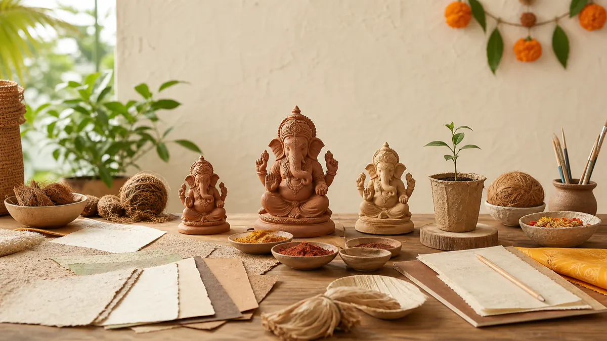 Eco-friendly Ganpati guide materials arranged on a workshop table