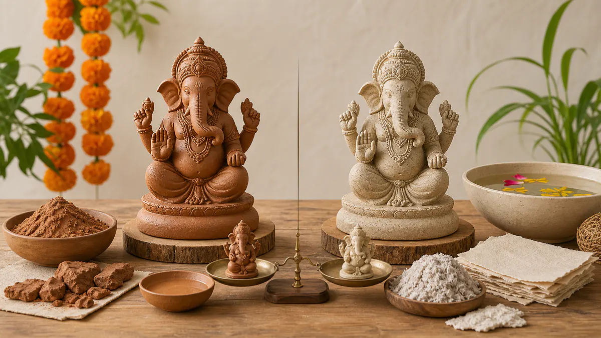 Shadu Mati clay and Paper Lagda Ganpati idols compared side by side with material samples